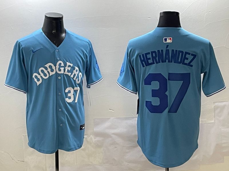 Men Los Angeles Dodgers 37 Hernandez Light Blue Joint Name 2025 Nike MLB Jersey style 10